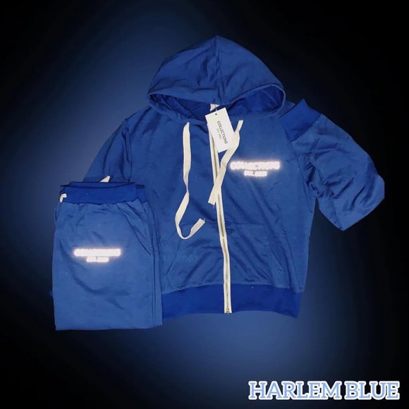 Blue Juicy Reflective Letter Print Drawstring Pocket Hoodie & Sweatpants Set - Picture 1 of 8